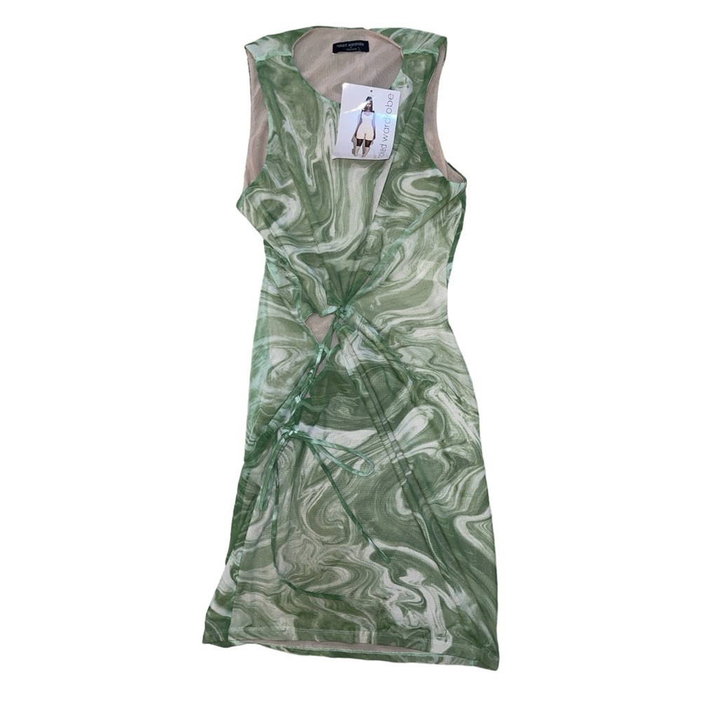 Naked Wardrobe NWT lime green white swirl cutout mini dress women’s size XL